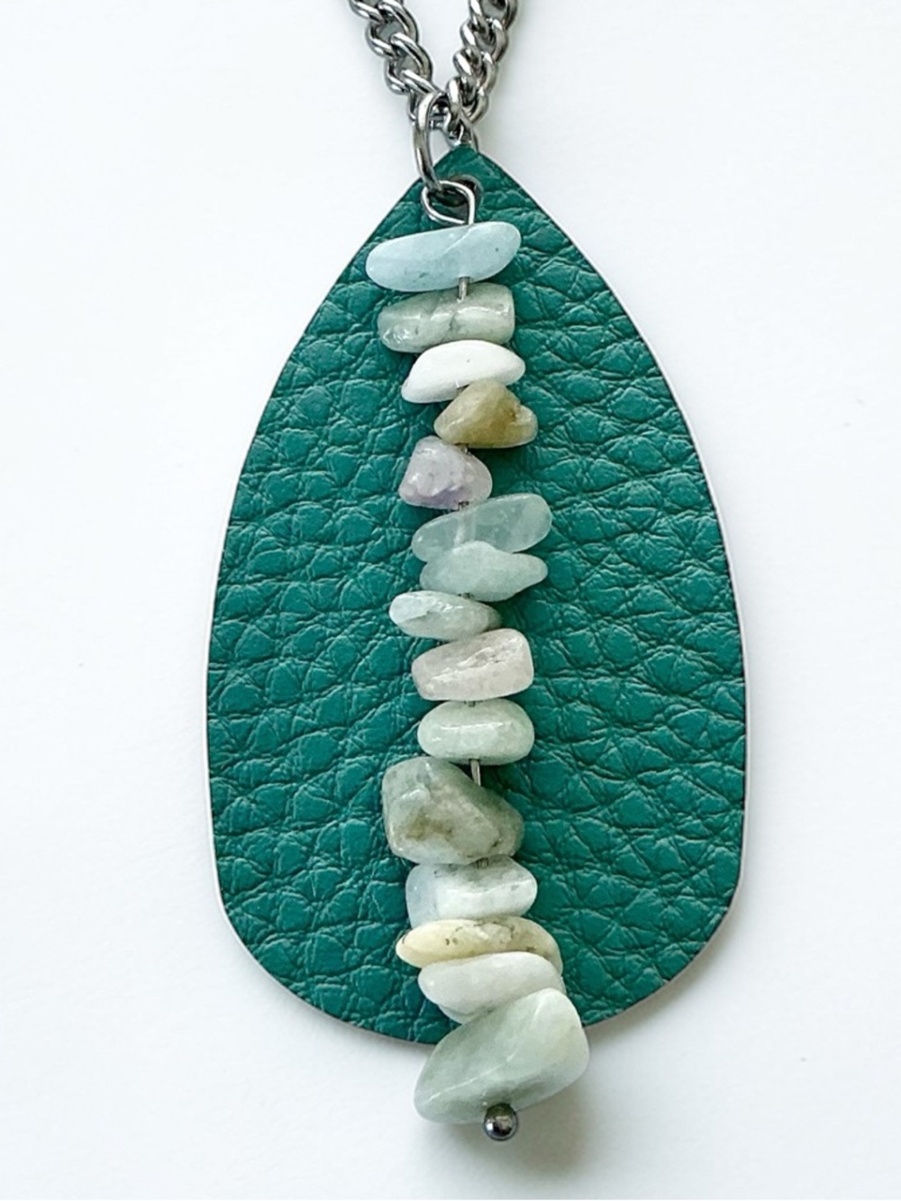 🆕 Gemstones and Faux Leather Pendant Necklace-Stainless Steel